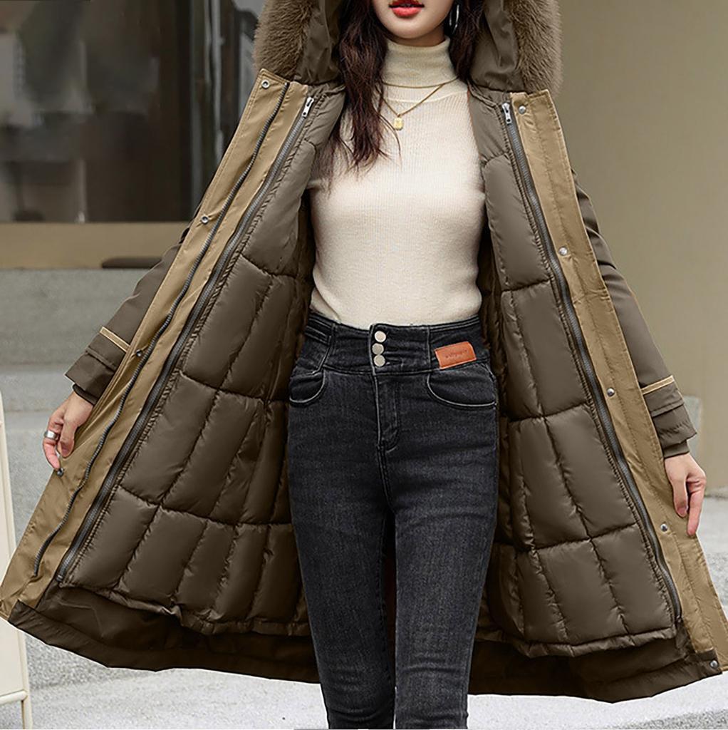 Women's Fashion Casual Solid Color Hooded With Plush Medium-length Long-sleeved Zipper Button Cotton Coat Jacket