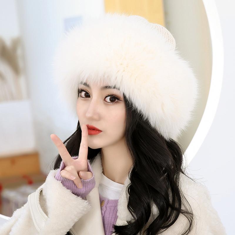 

Winter Real Fur Hats Women Natural Fox Fur Fuffy Warm Fashion Stylish Fedoras Knitted Fox fur hat Girl Fox Fur Caps One Size бежевий