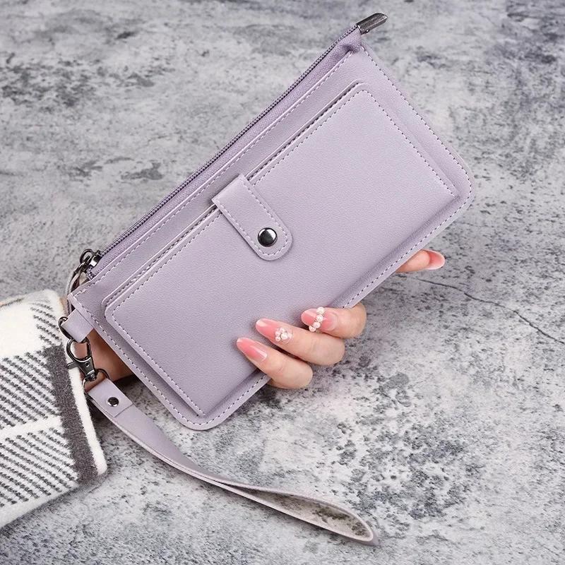 Leather Women Wallets Luxury Long Hasp Fold-over Pattern Coin Purses Female Solid Colors New Thin Clutch Phone Bag