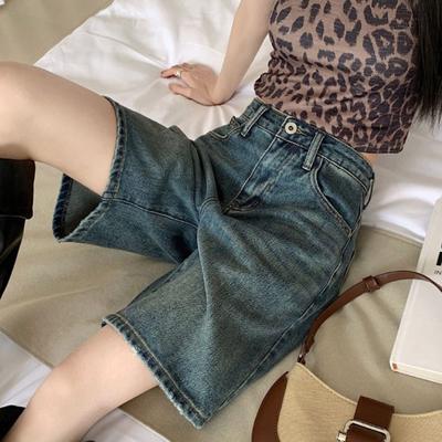 HWomen denim shorts hoge taille vintage gewassen rechte wijde pijpen pure kleur knop ritssluiting streetwear knielengte jeans korte broek