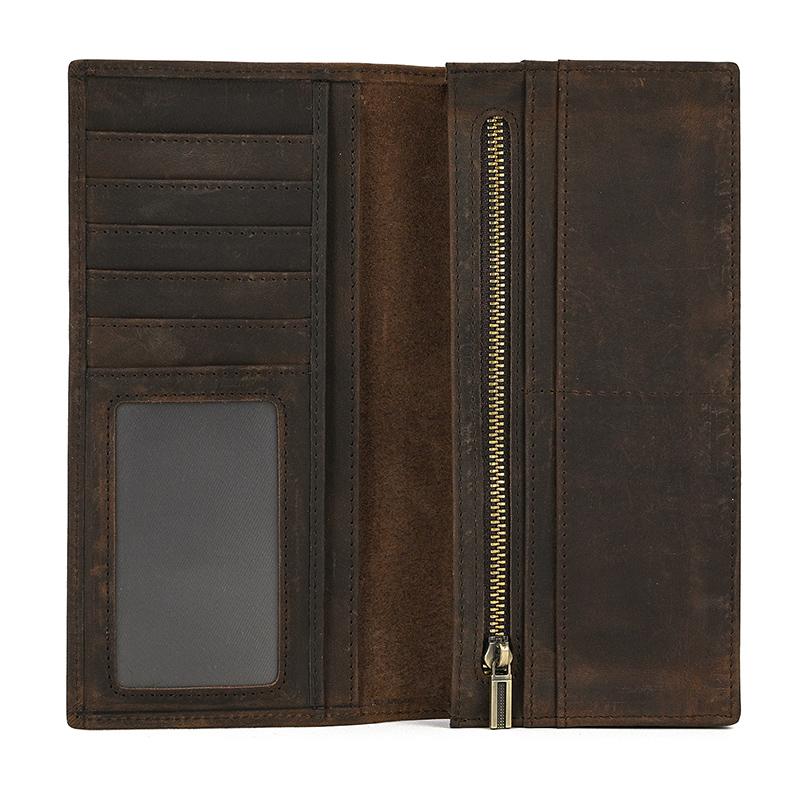 RFID Leather Long Wallet Retro Crazy Horse Leather Long Leather Zipper Wallet Multi Card Mens Long Purse Husband Father Gift