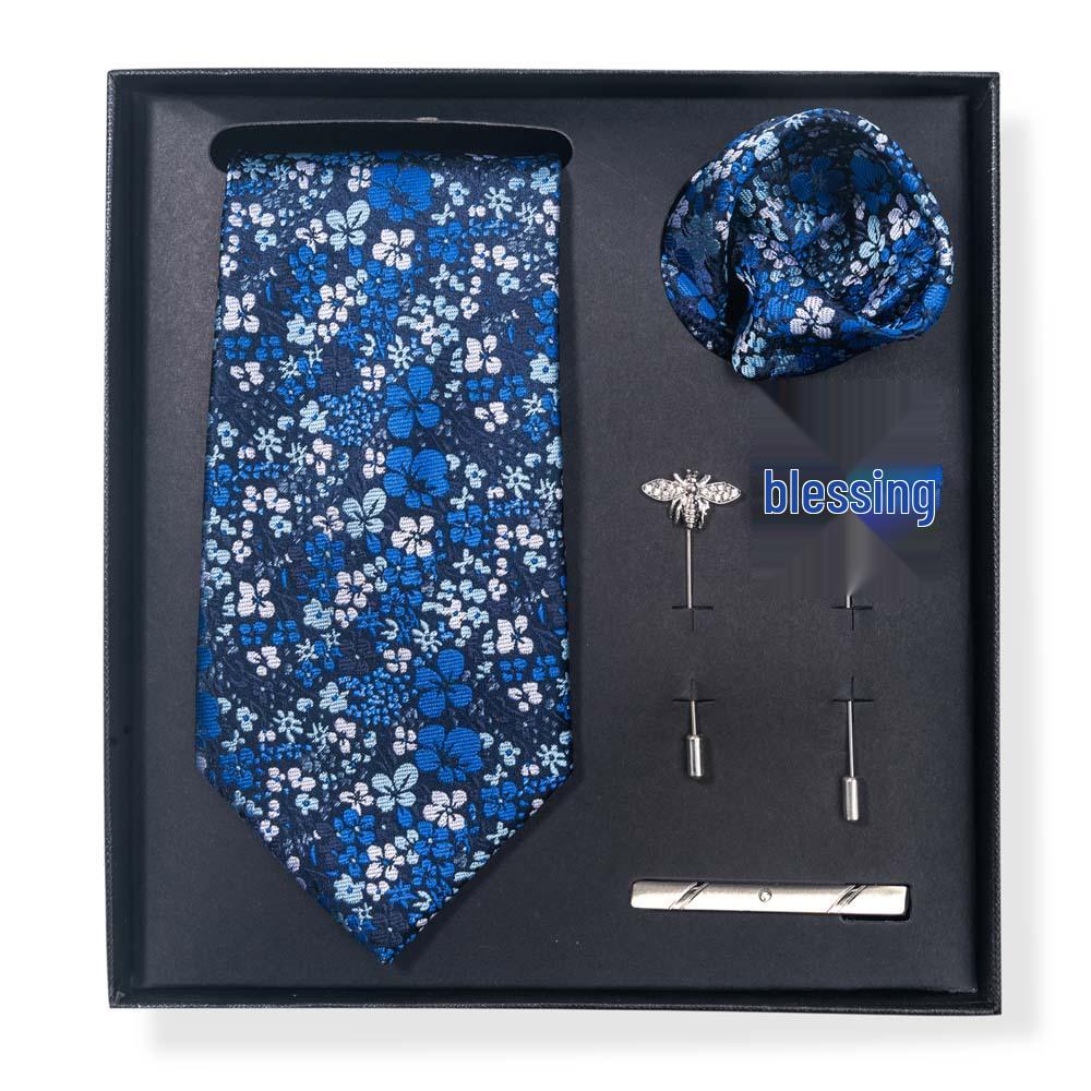 Paisley-Blumen-Krawatten-Geschenkset: Enthält Krawatte, Einstecktuch, Manschettenknöpfe, Ansteckblume und Krawattennadel in einer sechsteiligen Schachtel