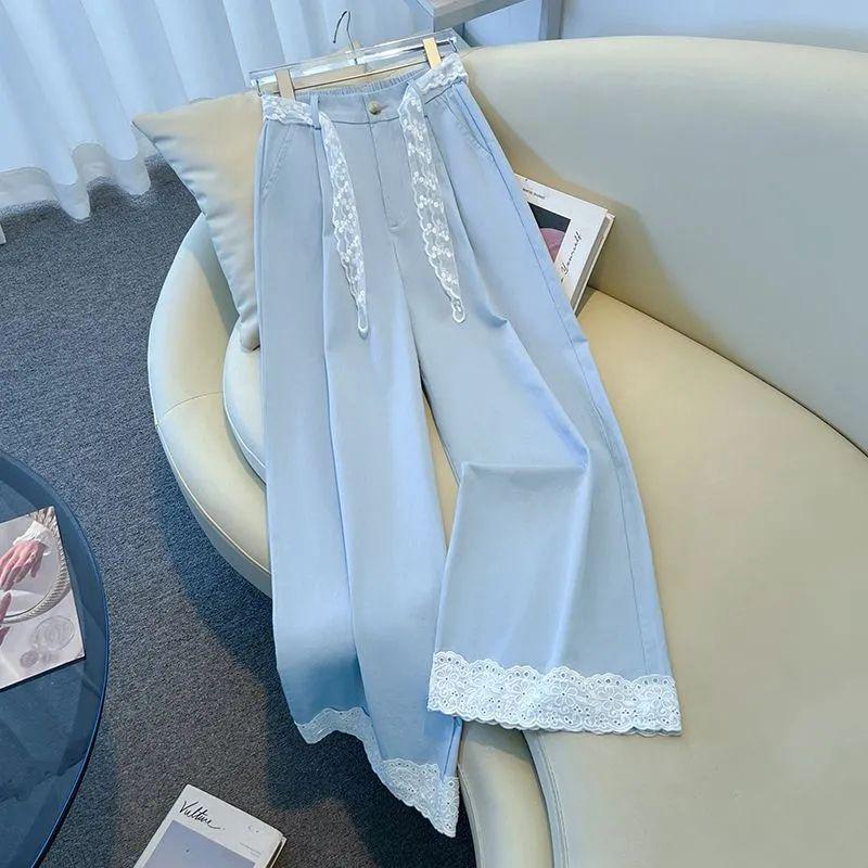

Women s Summer Wide-Leg Pants with Lace Belt & Floral Trim for Pear-Shaped Figures 2XL (Recommended for 131-145 jin)