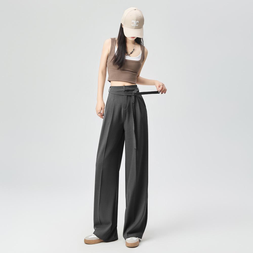

Women s Chic High-Waisted Ribbon Style Wide-Leg Pants Medium серый