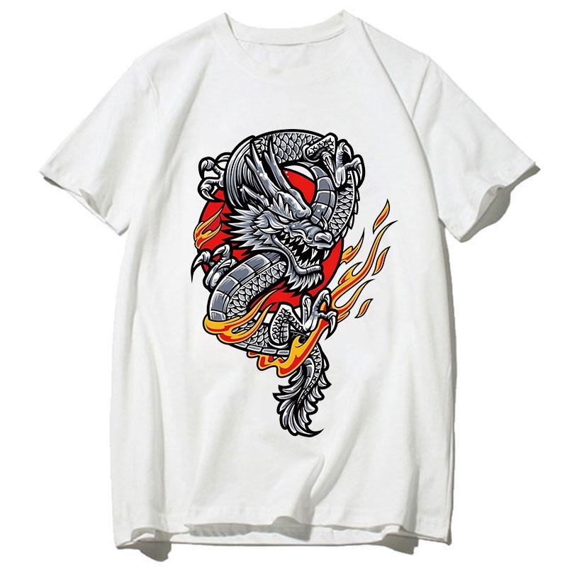 White Summer Men's Clothes Dragon Printed Blouse Cotton T-Shirts Male Tee Tops