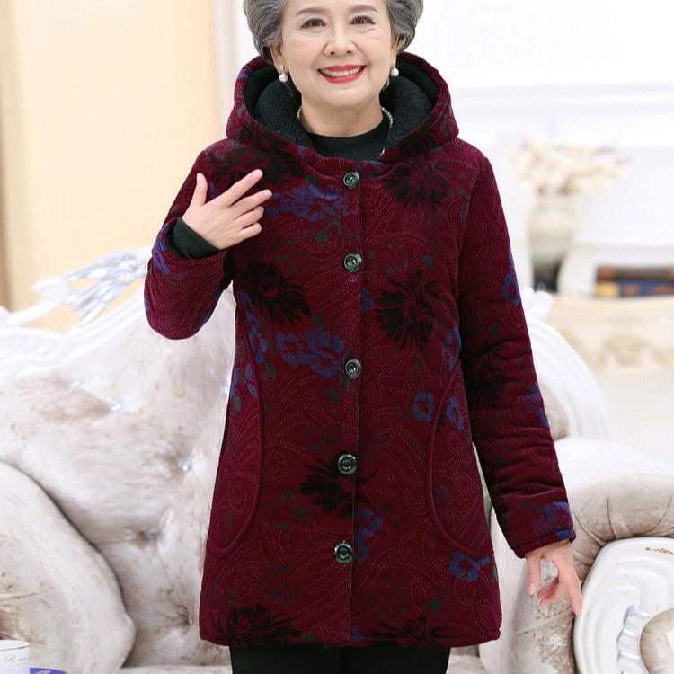 Grandma's Velvet-Lined Corduroy Hooded Winter Coat for Elderly Women