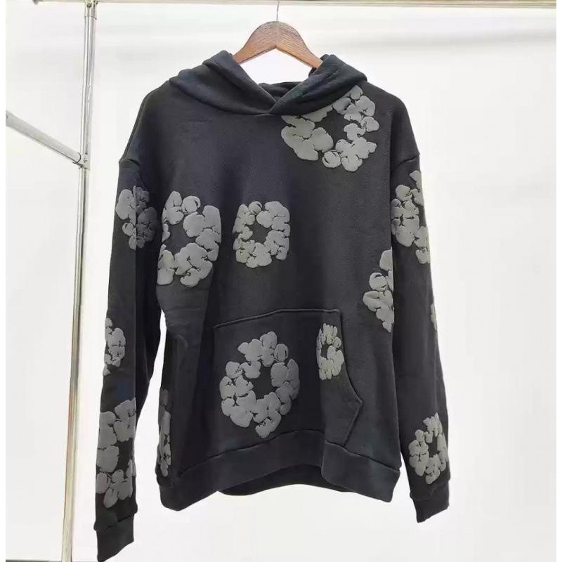 Sweat à capuche tendance Streetwear Homme Denim Premium Tears Ligne Principale Fleur de Coton