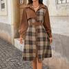2025 Autumn Winter Lantern Sleeve A-line Corduroy Women Dress Vintage Plaid Patchwork Maxi Dresses Turn-down Collar Dress Female