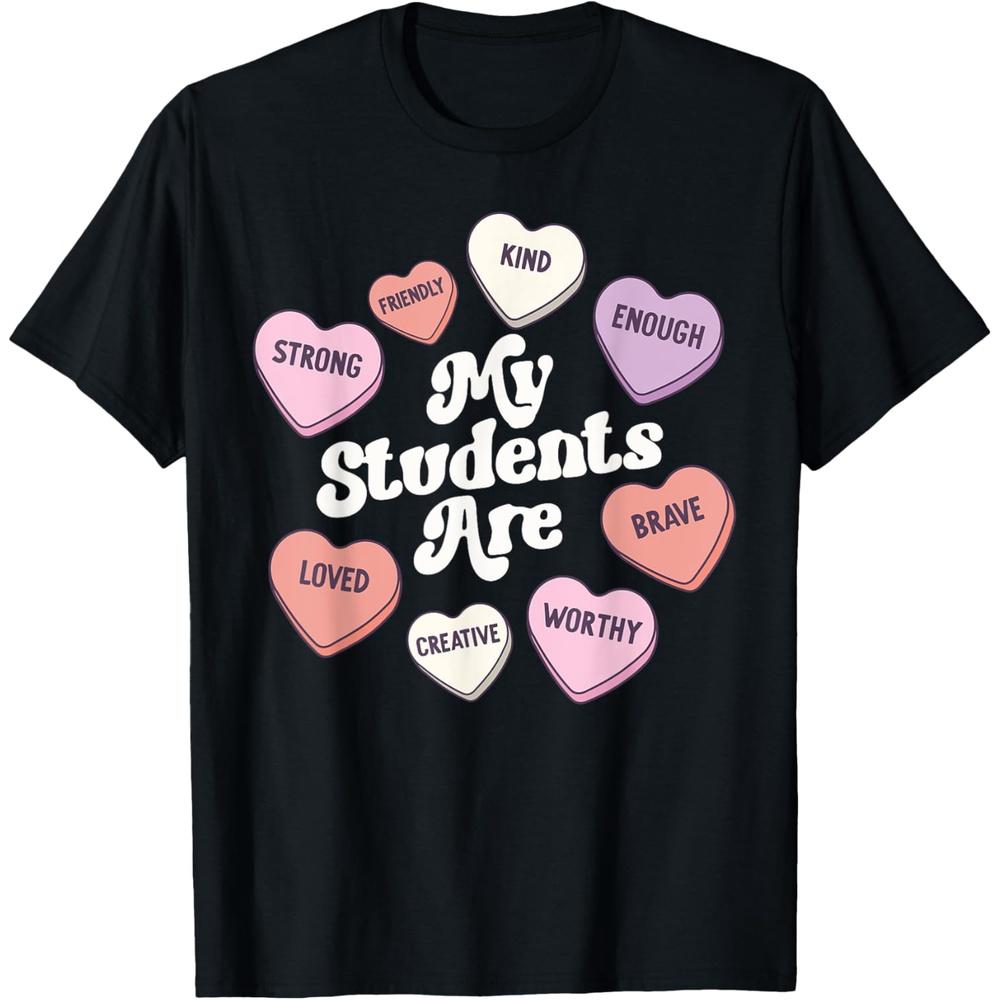 Teacher Valentines Day Positive Affirmations Candy Hearts Cotton Men T Shirt XS чёрный