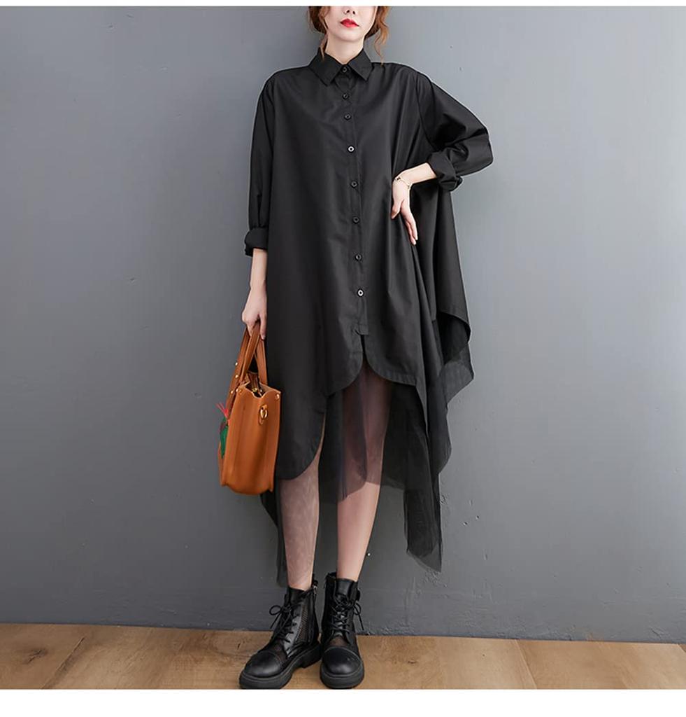 BEIBANG Shirt Long Layered Tulle Long Plus Slimming Women's Dress, Sleeve, Casual, Look, Skirt, Tunic, Sizes, Flattering, (Free Size, Black)