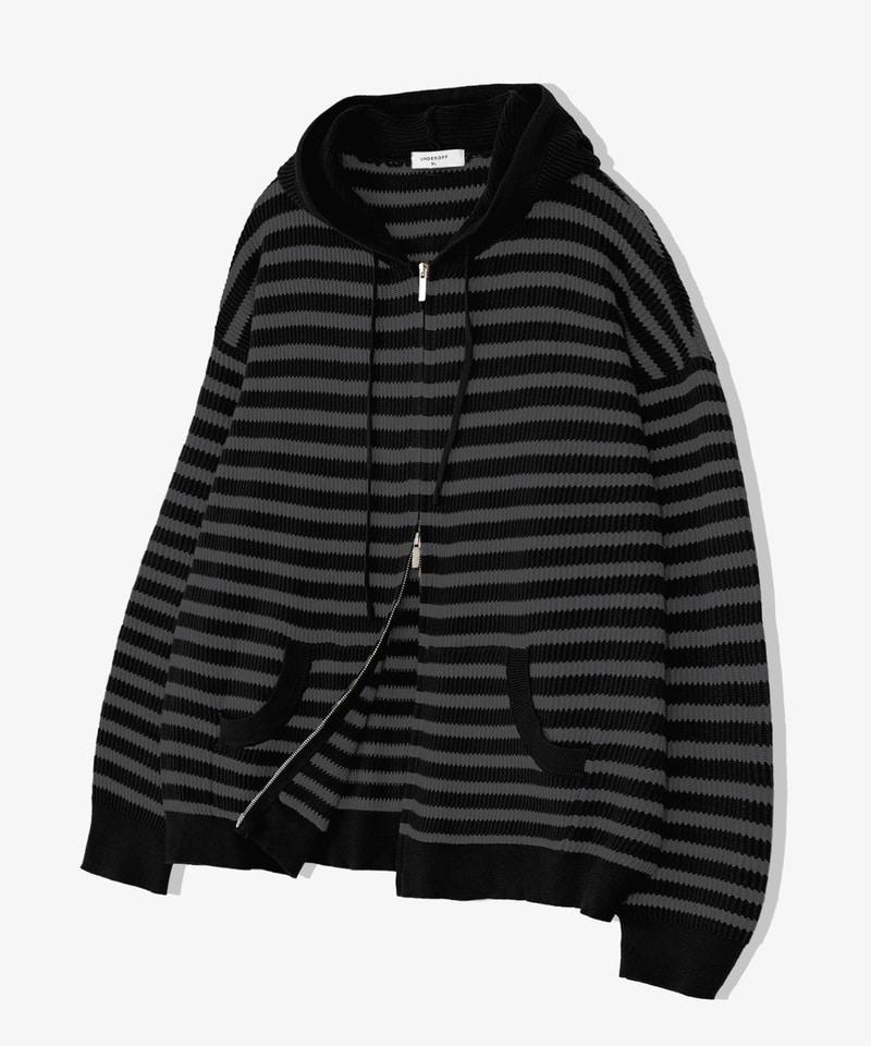 UNDEROFF Wavy Stripe Knit Zip-Up Hoodie Khaki