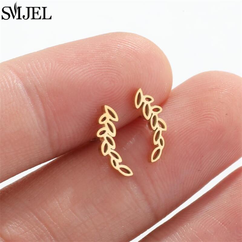 SMJEL Gold Stainless Steel Earrings Geometric Women Cute Leaf Star Footprints Mandala Cactus Earings Jewelry Small Studs Gift