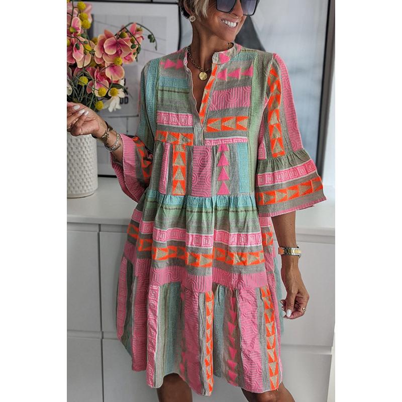 2023 Women s Autumn V-Neck Print Dress with Three-Quarter Sleeves Extra Large