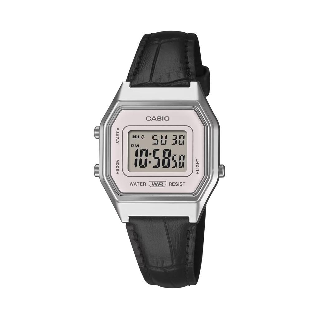 Casio LA680WEL-1 Women's Watch, Black and Silver, Leather Strap, Water Resistant, Alarm, Stopwatch