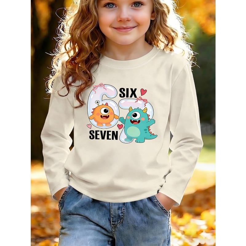 Unisex Kids White Long Sleeve Tee For 4-12 Girls Cute Bubble Number 67 Cartoon Orange Green Little Monster Pink Bow Heart Text Print Long Sleeve Top