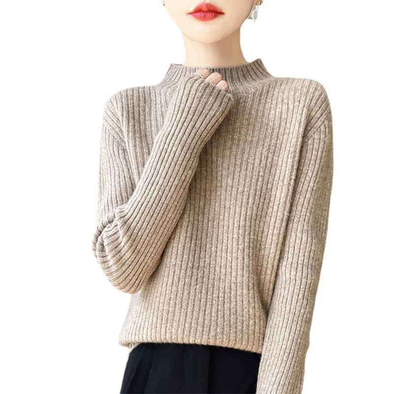 Women's 100% Pure Wool Half-High Collar Thick Knit Sweater - Warm Autumn/Winter Base Layer Pullover