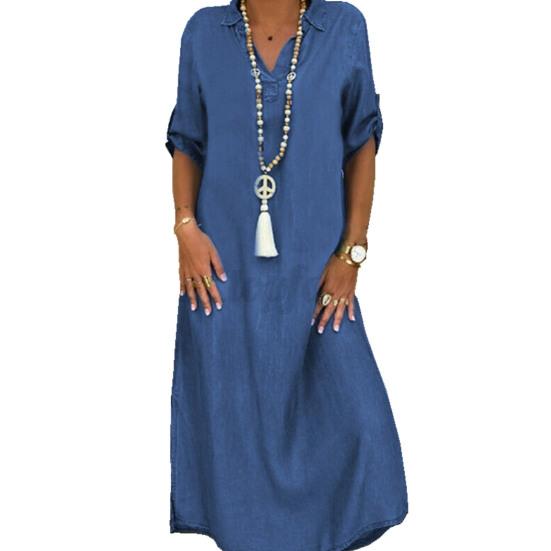 

Женское джинсовое платье с V-образным вырезом, свободного кроя, длиной макси, с рукавами три четверти и разрезами по бокам, уличная одежда для повседневной жизни 3XL