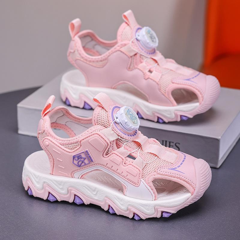 Girls sandals summer 2025 boys mesh non-slip sandals bag head beach shoes knob buckle popular children's sandals