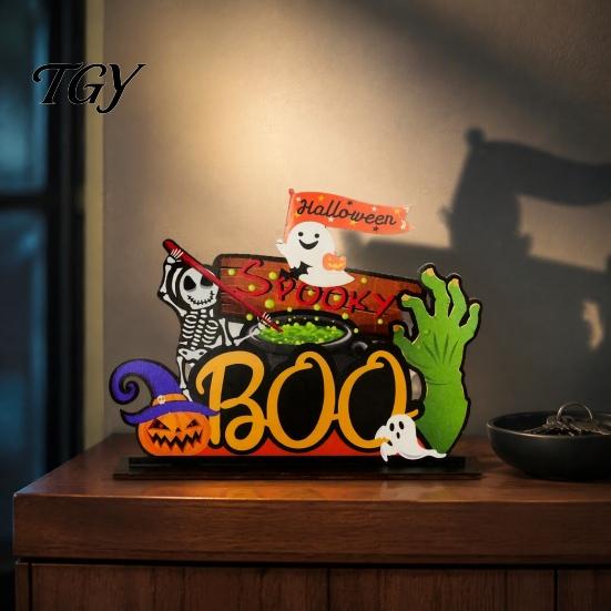 Indoor Autumn Seasonal Decor Halloween Tabletop Signs, Pumpkin Ghost Gnome Wood Centerpiece Blocks, Spooky Decorative Crafts for Fall Party