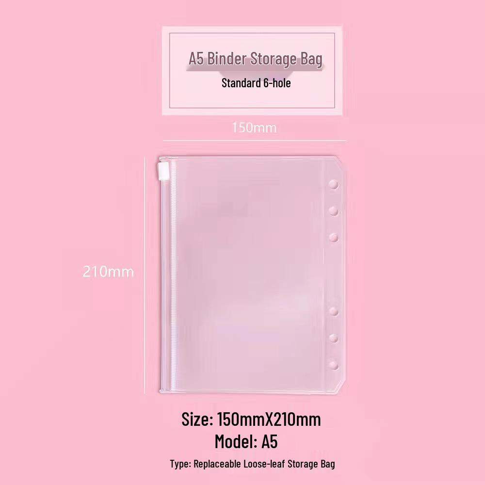 Eco-friendly PVC 6-Hole Zipper Bag for A5/A6 Planner Storage - Available In Sets of 10, 15, or 20