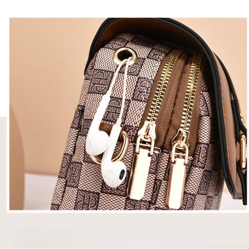 Women Mini Crossbody Phone Bag Flap Vintage Monogram PU Leather Double Zip Small Shoulder Bag with Adjustable Strap High Quality