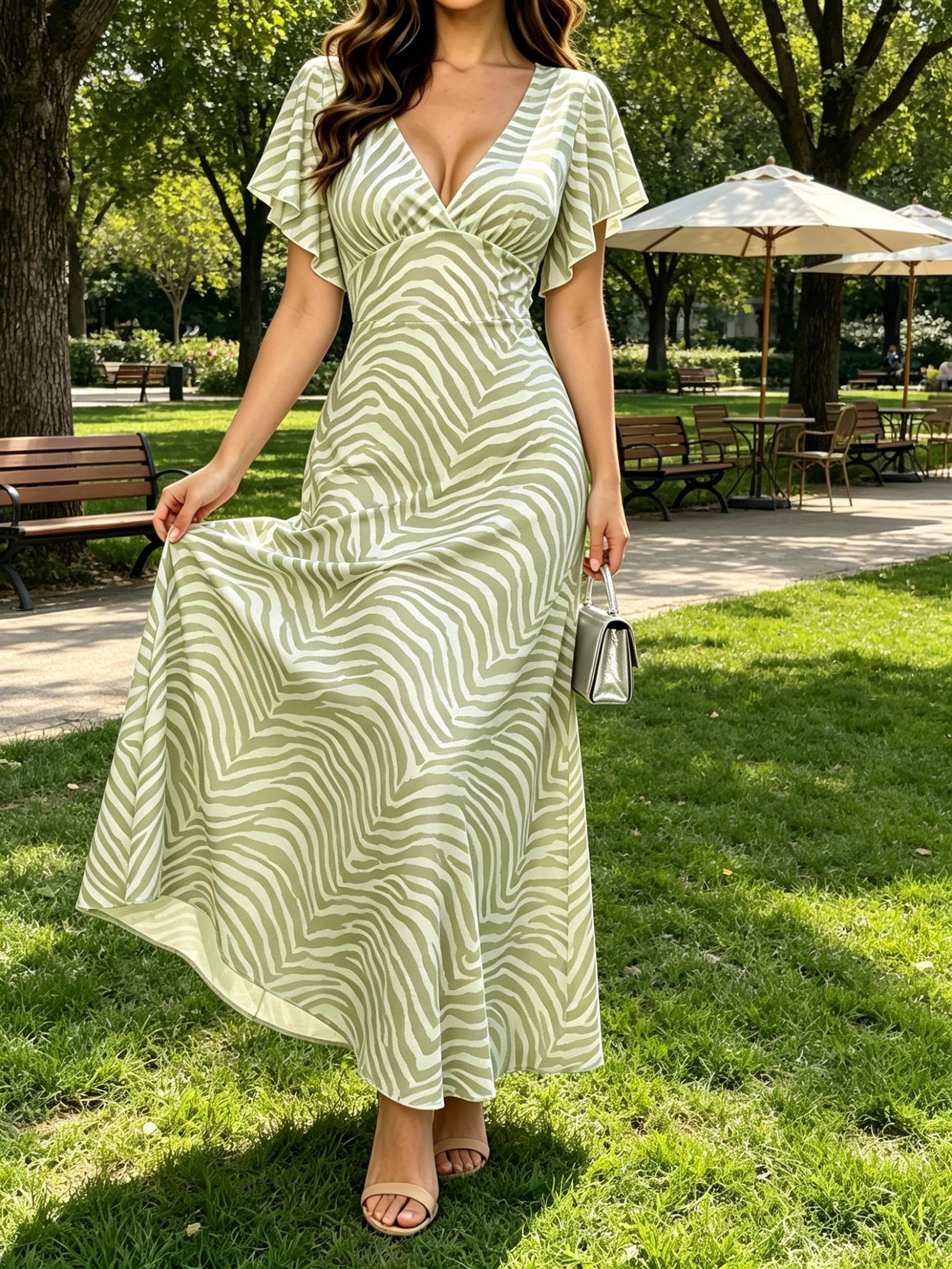 Women Zebra Print Maxi Dress V Neck Flutter Sleeve Summer Casual Party Dress XS