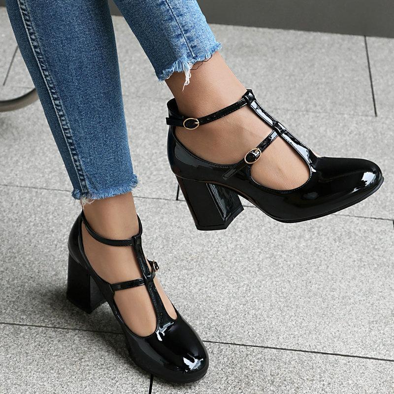 New Mary Jane Shoes High Quality Leather Shoes Shallow Round Toe Womens Chunky Heels Buckle Strap Women's Pumps Plus Size 43