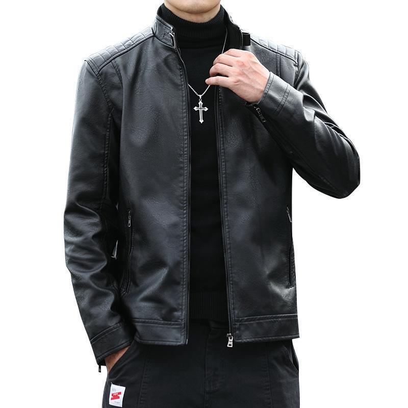 Men's leather jacket spring and autumn new locomotive jacket stand-up collar men's top trendy short leather jacket velvet leather jacket