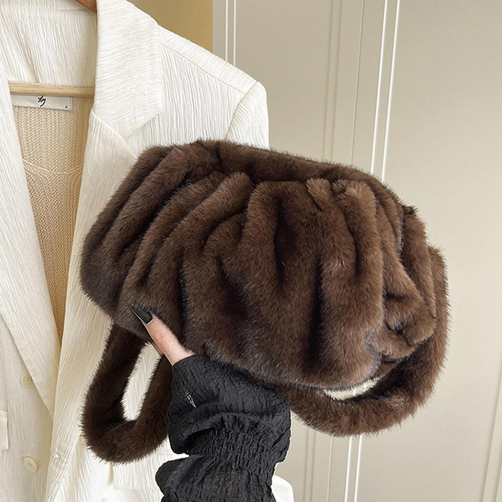 Fluffy Plush Cloud Dumpling Bag Ruched Faux Fur Bags for Women Shoulder Bag Winter Warm Soft Crossbody Bags Handbags Pouch