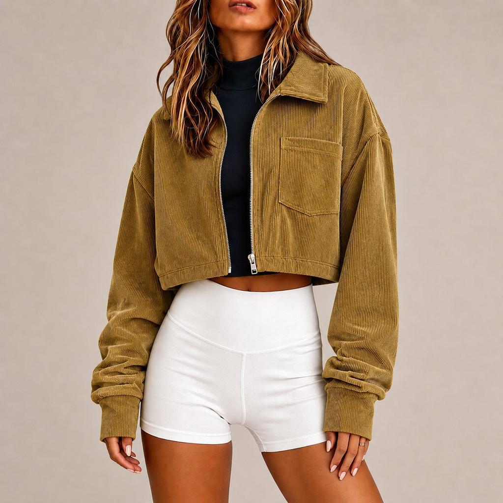 Women's Casual Corduroy Cropped Jacket with Zipper and Long Sleeves, Loose Fit