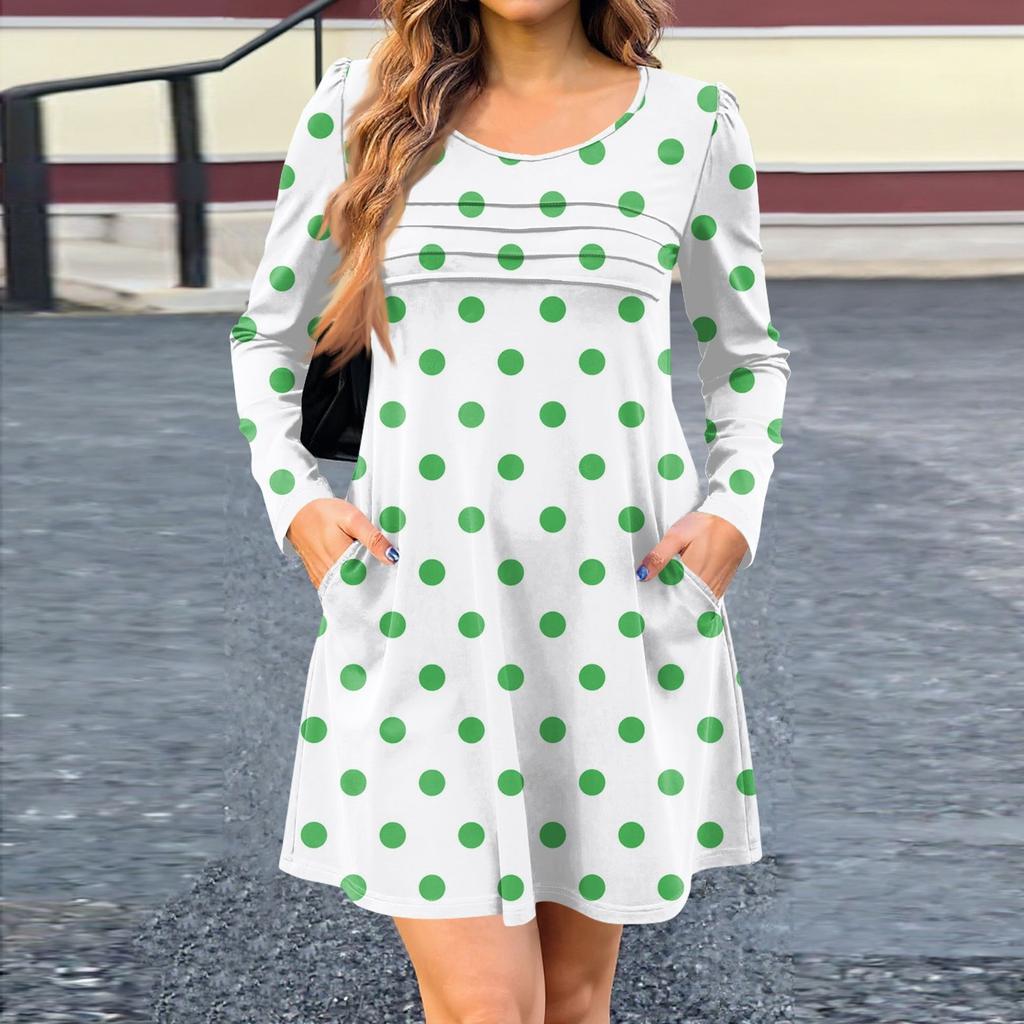 Women's Long Sleeve Dress Fall Casual T Shirt Loose Fit Pleated Front Dresses With Pockets