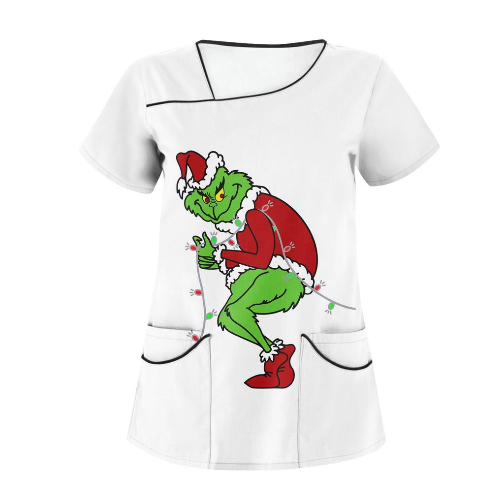 Women's Fashion Christmas Print Uniform Overalls Slanted Collar Double Pocket T-Shirt Short Sleeve Top
