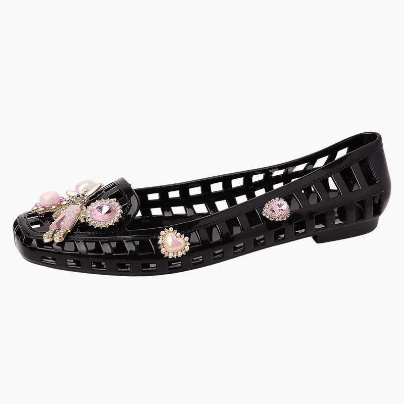 Korean Version Design Square Head Hollow Flat Sandals Women's Summer Fashion Versatile Exquisite Crystal Shoes Beach Shoes Single Shoes