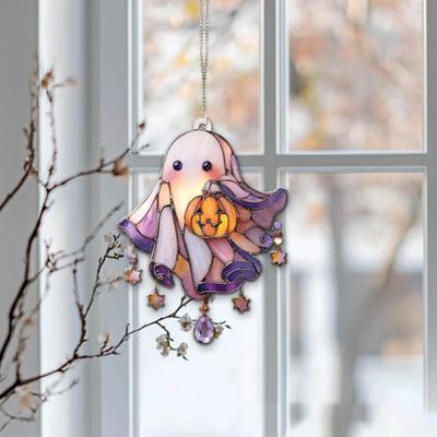 Yousheng Cute Acrylic Ghost Suncatcher with Pumpkin Stained Glass Window Hanging Decor Halloween Wall Art Panel with Chain for Indoor Home Kitchen