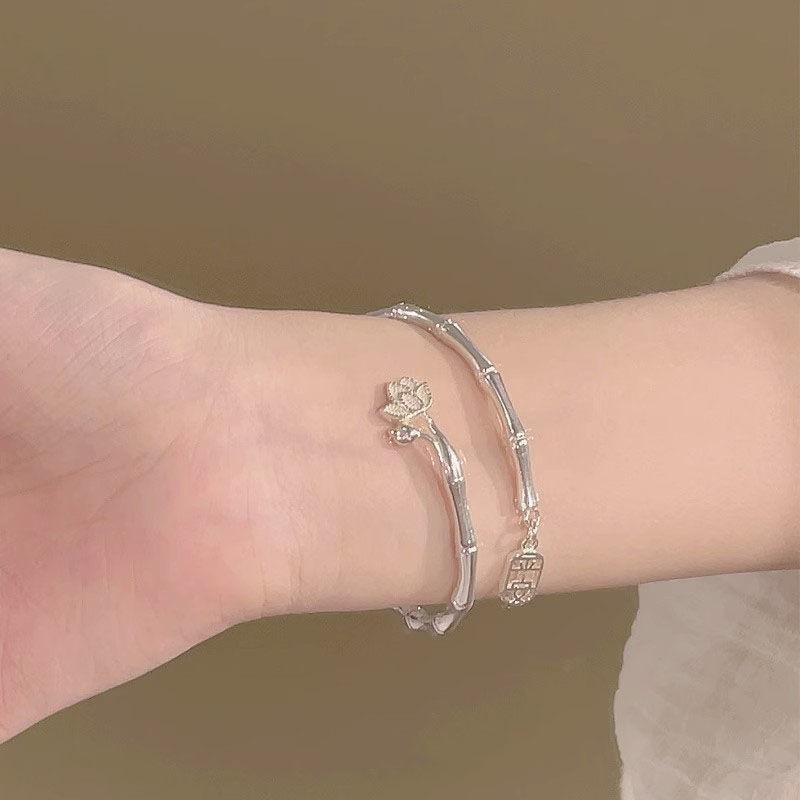 Bamboo Lotus Bracelet Women's Chinese Bracelet Safe and Simple Inheritance Half Bracelet Half Chain Decoration