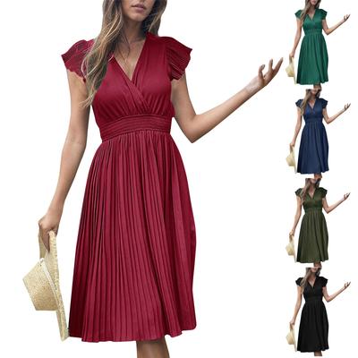 Women's Summer Solid Color Pleated Short Sleeved Dress Women's Hundred Pleats Dress