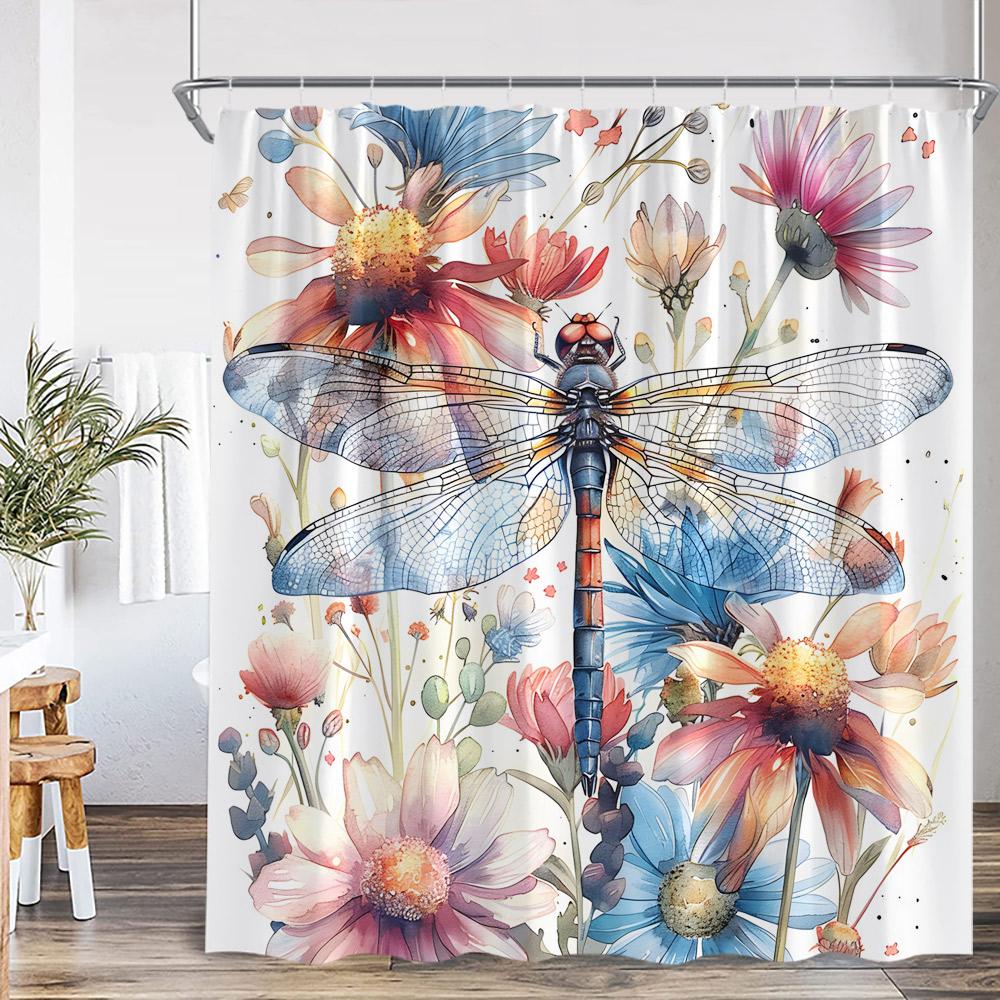 Dragonfly Floral Shower Curtain Insect Flower Wistera Plant Bathroom Decor Modern Polyester Bath Curtain With Hook With Hook