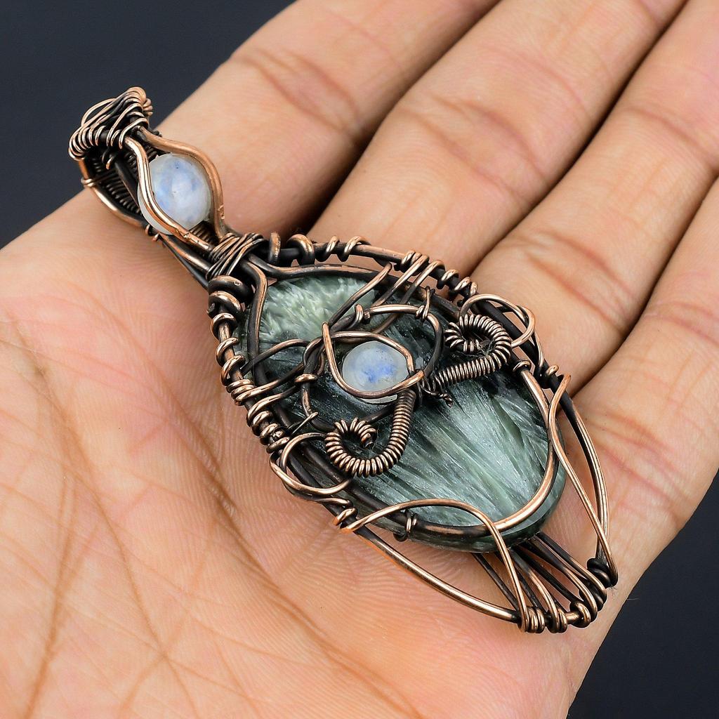 Seraphinite & Moonstone Pendant, 999 Copper Wire Wrapped Gemstone Jewelry, Handmade Evil Eye Pendant, For Thanksgiving
