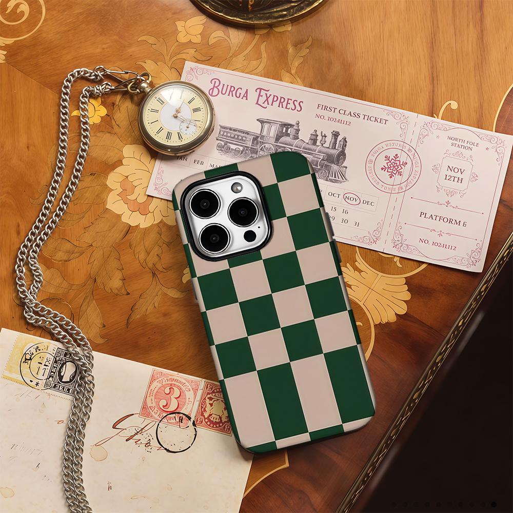 Green Checkerboard Phone Case for IPhone 16 15 14 13 12 11 X XS XR XSMAX 7 8 Pro Max Plus Double-layer Back Cover