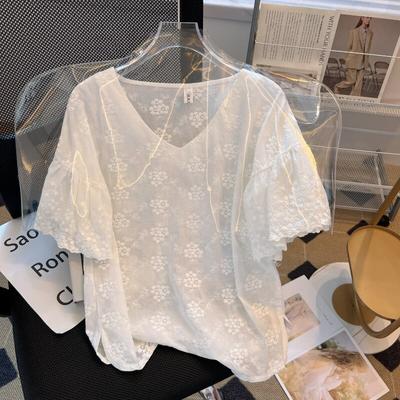 Verão elegante camisas rendas manga curta com decote em v blusa mulher moda senhora do escritório topos blusas camisa casual elegante 27657