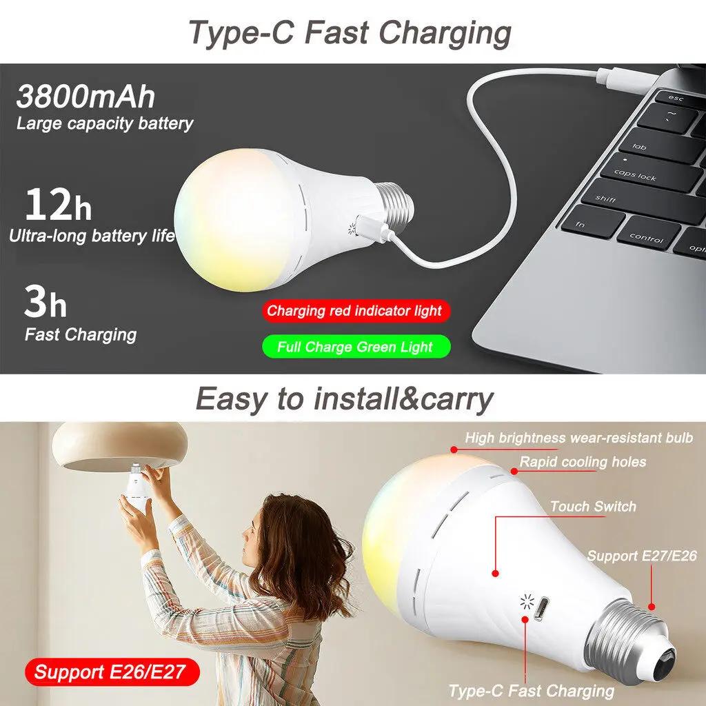 Latest 10W Light Bulb USB C Rechargeable with Remote Control Battery Powered Light Bulb E27 Touch Control Dimmable LED Bulb