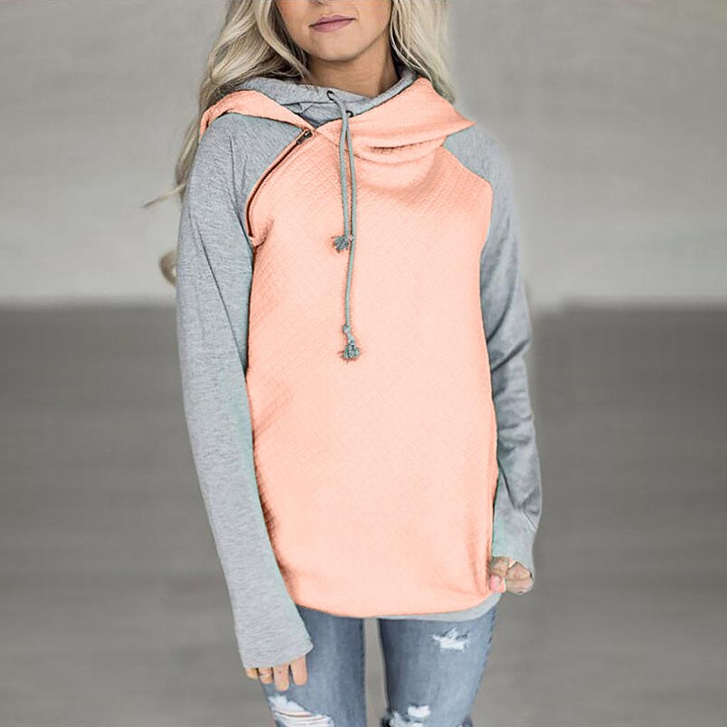 Women's Zip Funnel Neck Hooded Sweatshirts Long Sleeve Pullover Hoodie Drawstring Hoody Raglan Pullover Tops