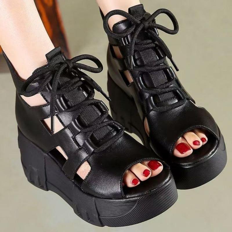 Fish mouth lace-up high-heeled soft leather women s cool boots wedge heel platform sandals summer women s sandals 35 3209₽