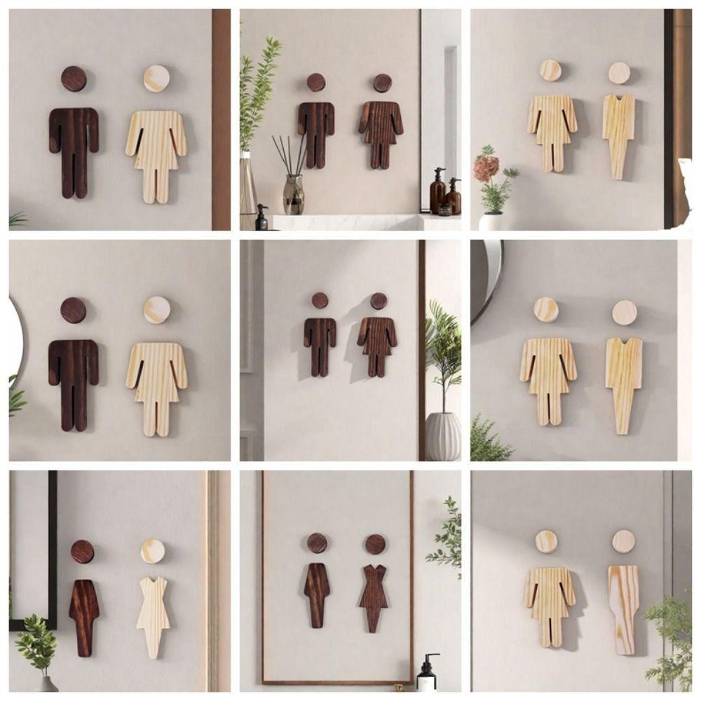 2pcs/se Self-adhesive Bathroom Door Signs Solid Wood Washroom Signs  Bathroom Supplies