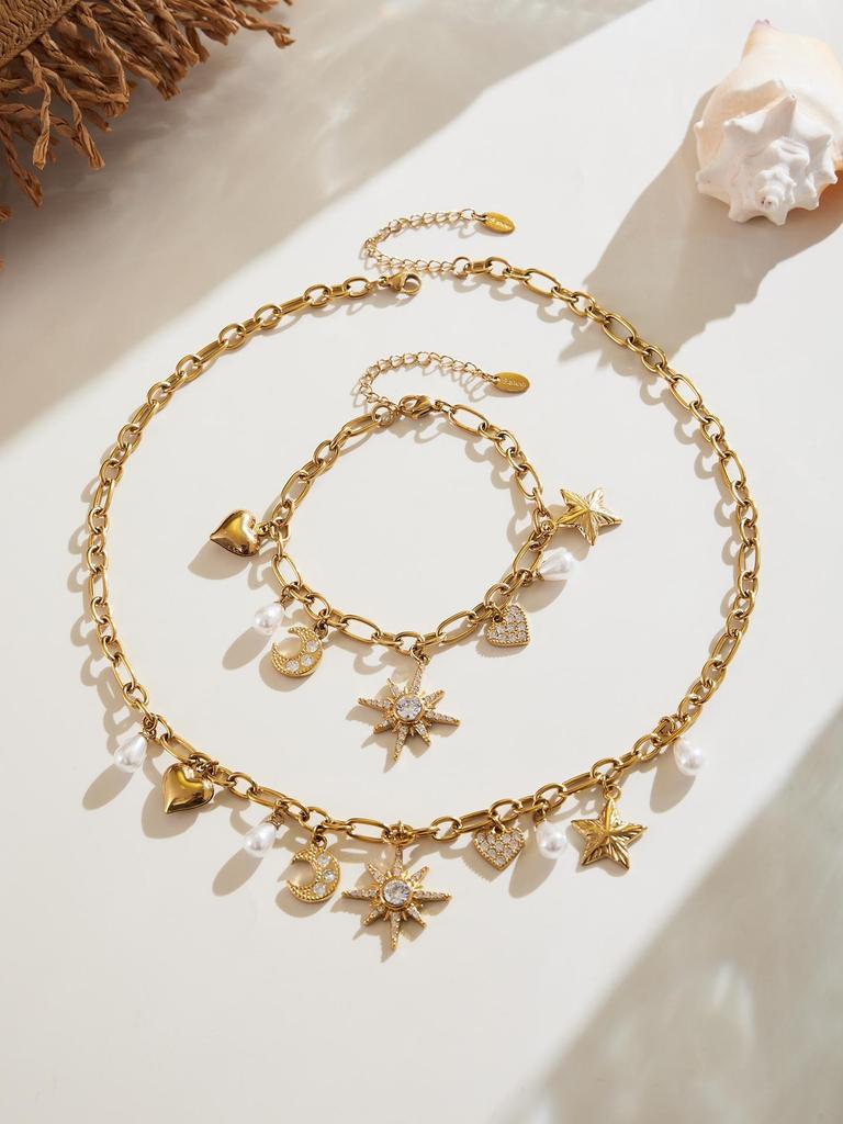 Star Moon Pearl Zircon Necklace & Bracelet Set with Multi-Accessory Design