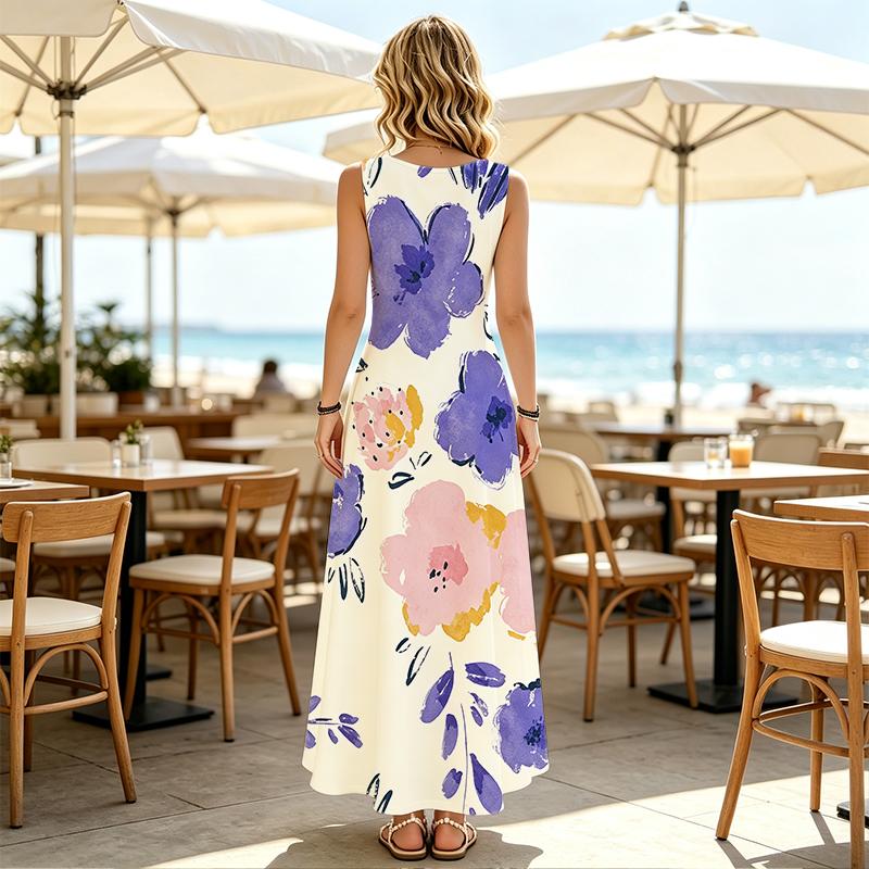 Women's Sleeveless Maxi Dress,Loose Fit,Big Floral,Flowy & Slimming,Comfy for Beach,Daily Casual,Travel,Versatile