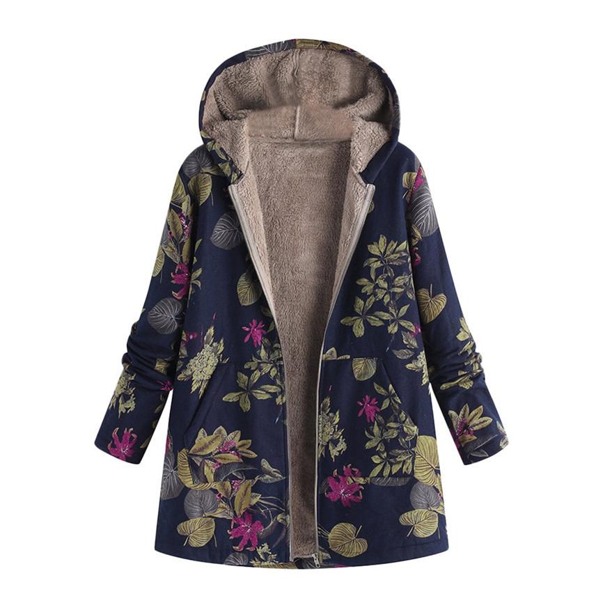 Giacca da donna con cappuccio taglie forti con stampa floreale vintage in peluche composito spesso con cerniera a maniche lunghe