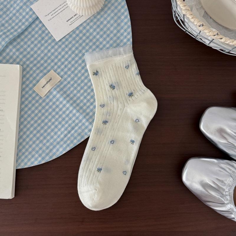 Pleated Laceless Short Socks, Ballet Style, White Mid-calf Socks, Summer Lightweight Version, Summer Layered Stockings
