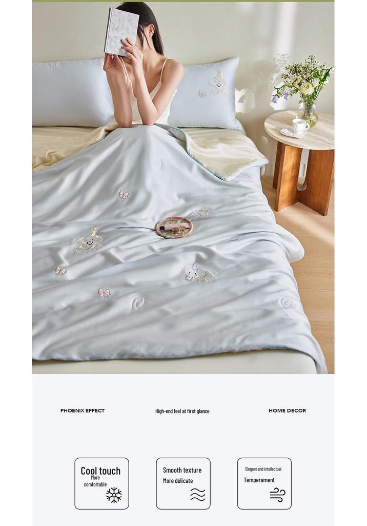 A-Class Tencel Embroidered Summer Quilt 4-Piece Set: Silky, Skin-Friendly, Antibacterial, Mite-Proof, Machine Washable.