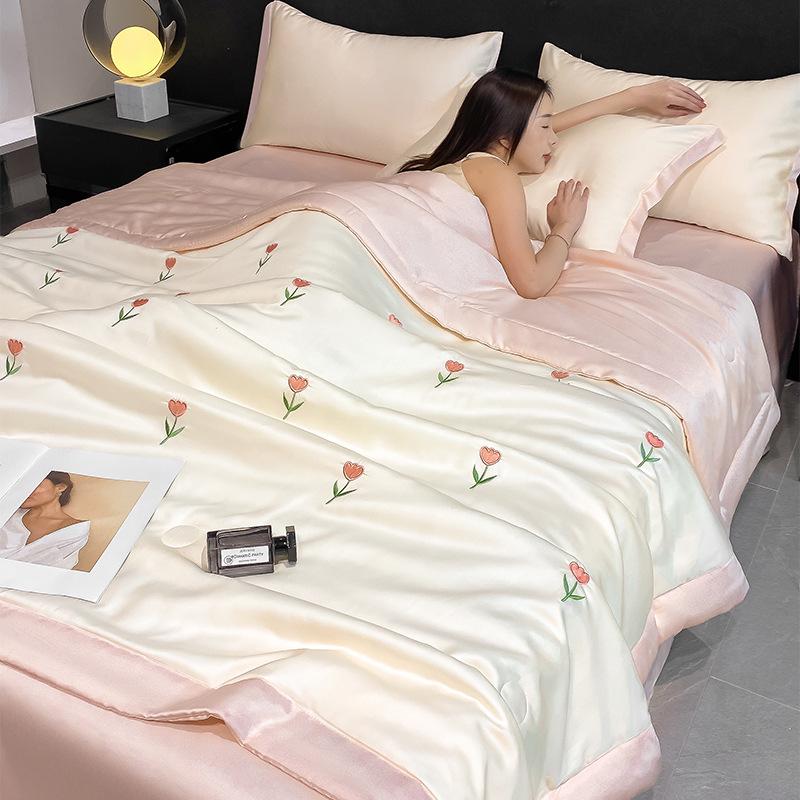 Embroidered Ice Silk Summer Quilt Set: 4-Piece, Machine Washable, Thin & Cool